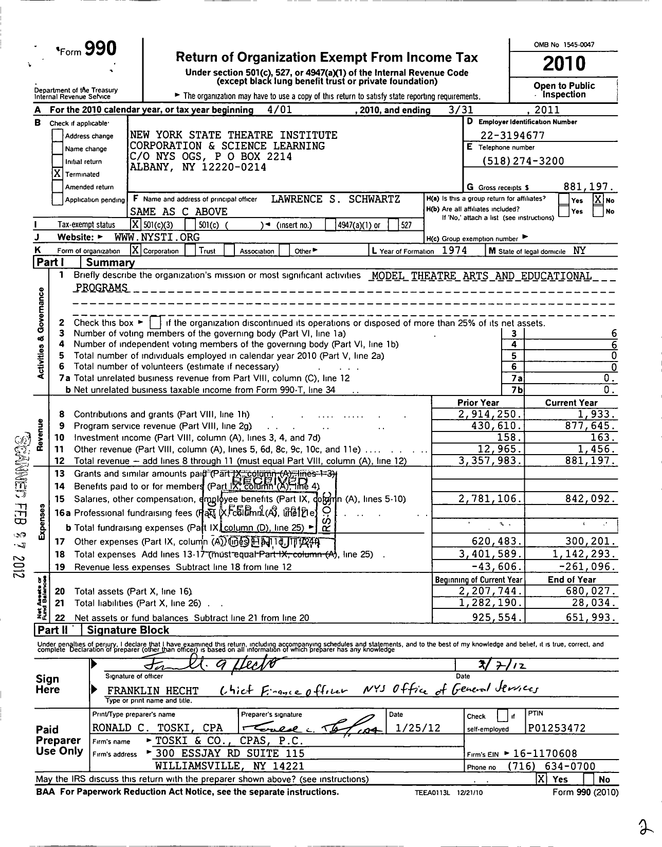 Image of first page of 2010 Form 990 for New York State Theatre Institute Corp and Science Lea