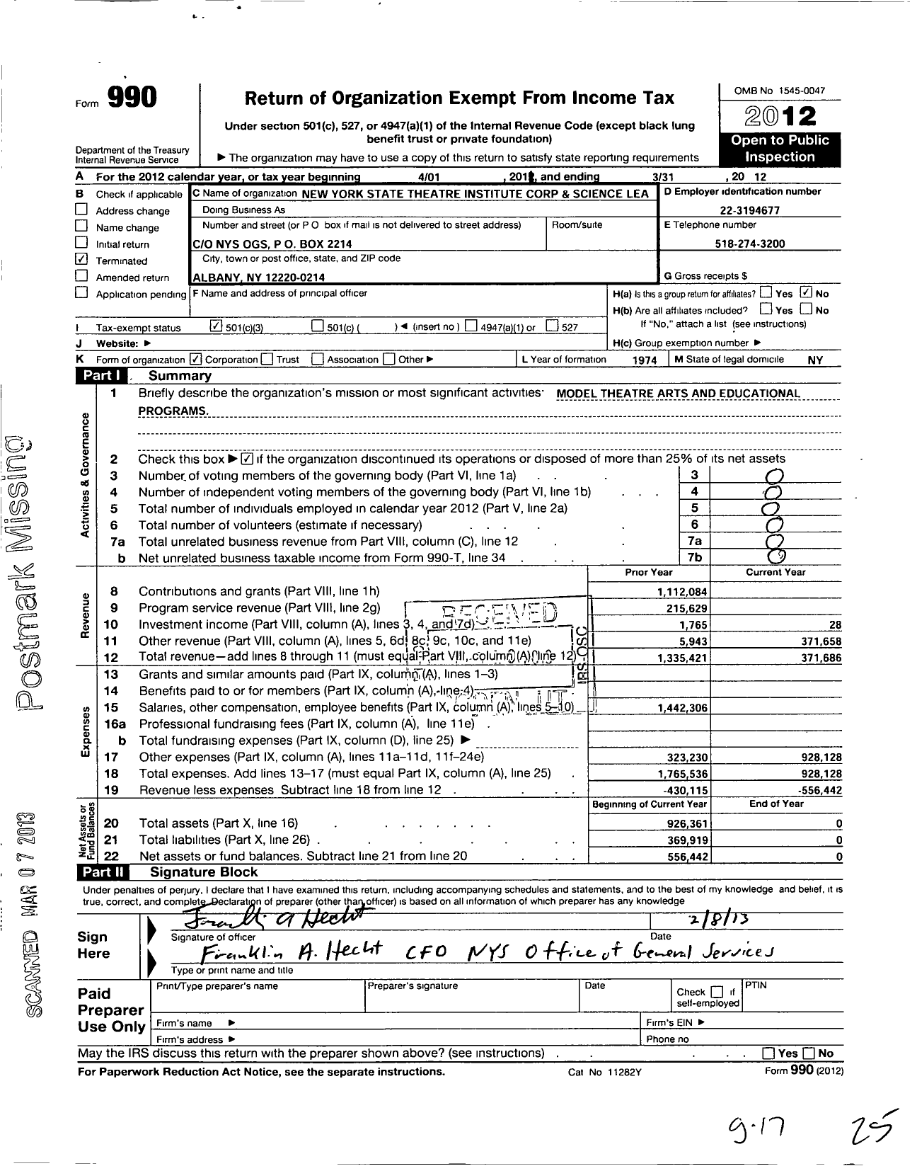 Image of first page of 2011 Form 990 for New York State Theatre Institute Corp and Science Lea