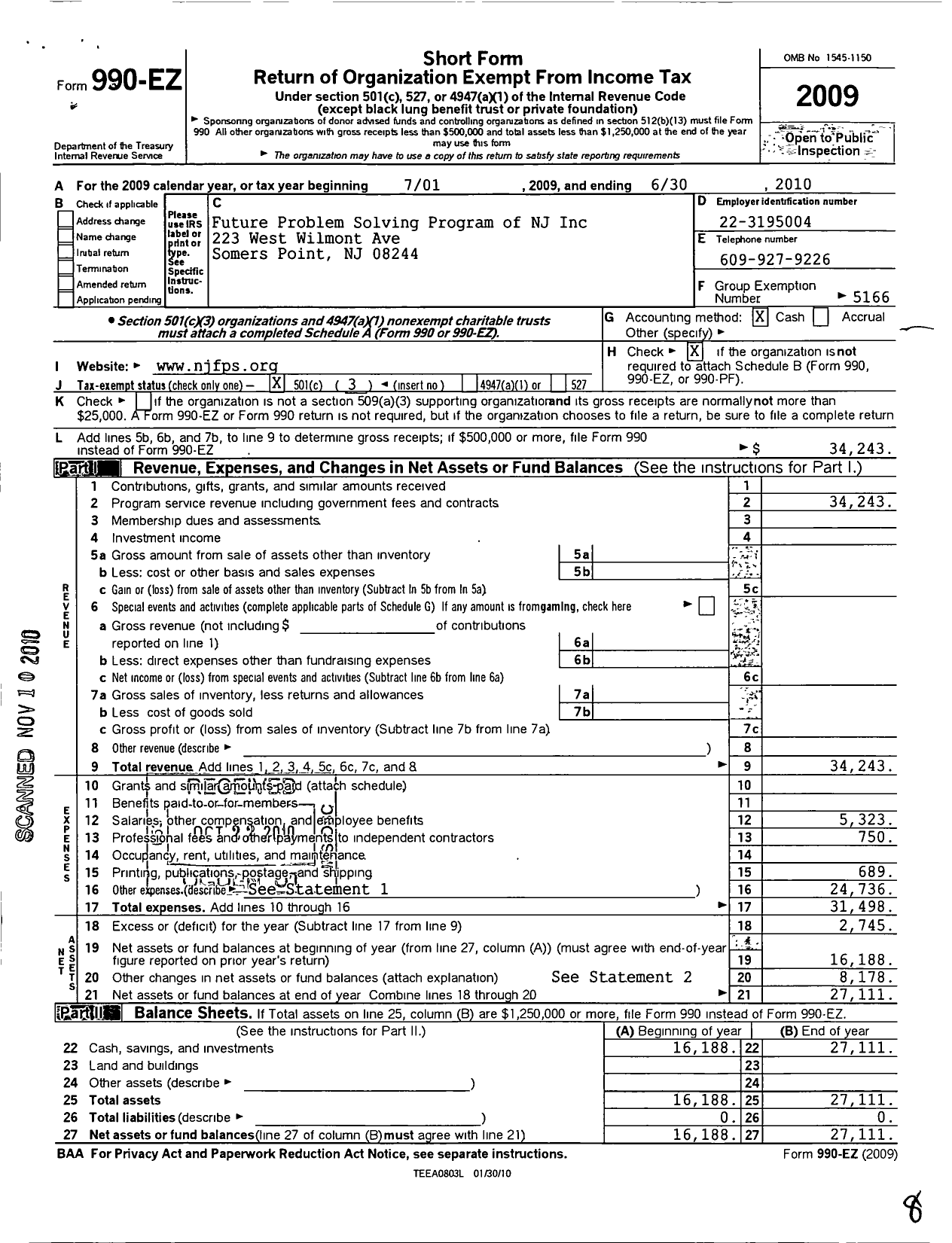 Image of first page of 2009 Form 990EZ for Future Problem Solving Program International / Future Problem Solving Program of N