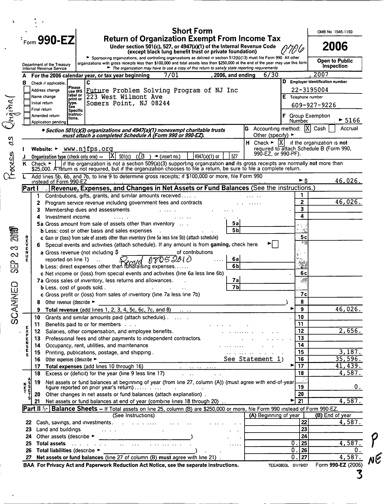 Image of first page of 2006 Form 990EZ for Future Problem Solving Program International / Future Problem Solving Program of N