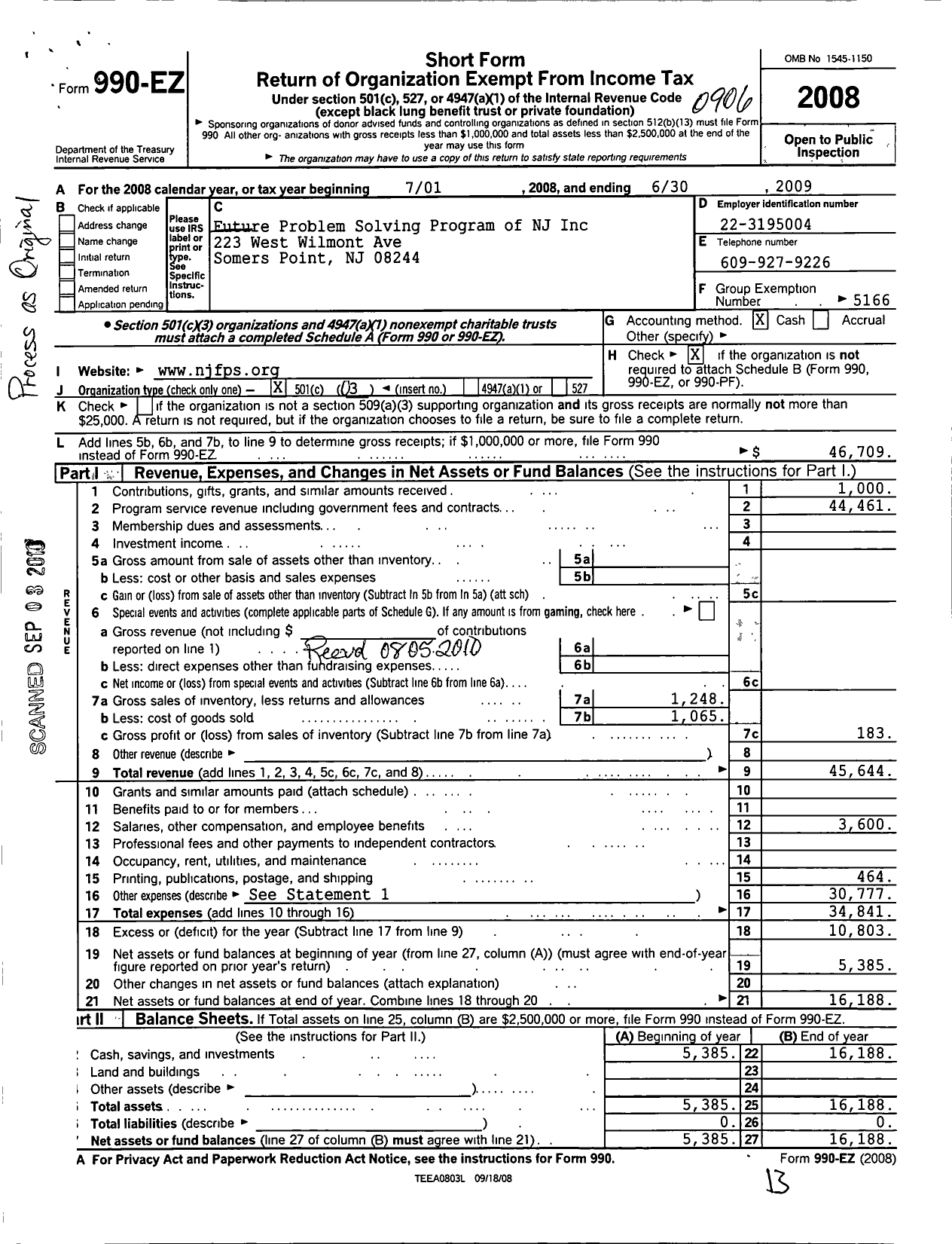 Image of first page of 2008 Form 990EZ for Future Problem Solving Program International / Future Problem Solving Program of N