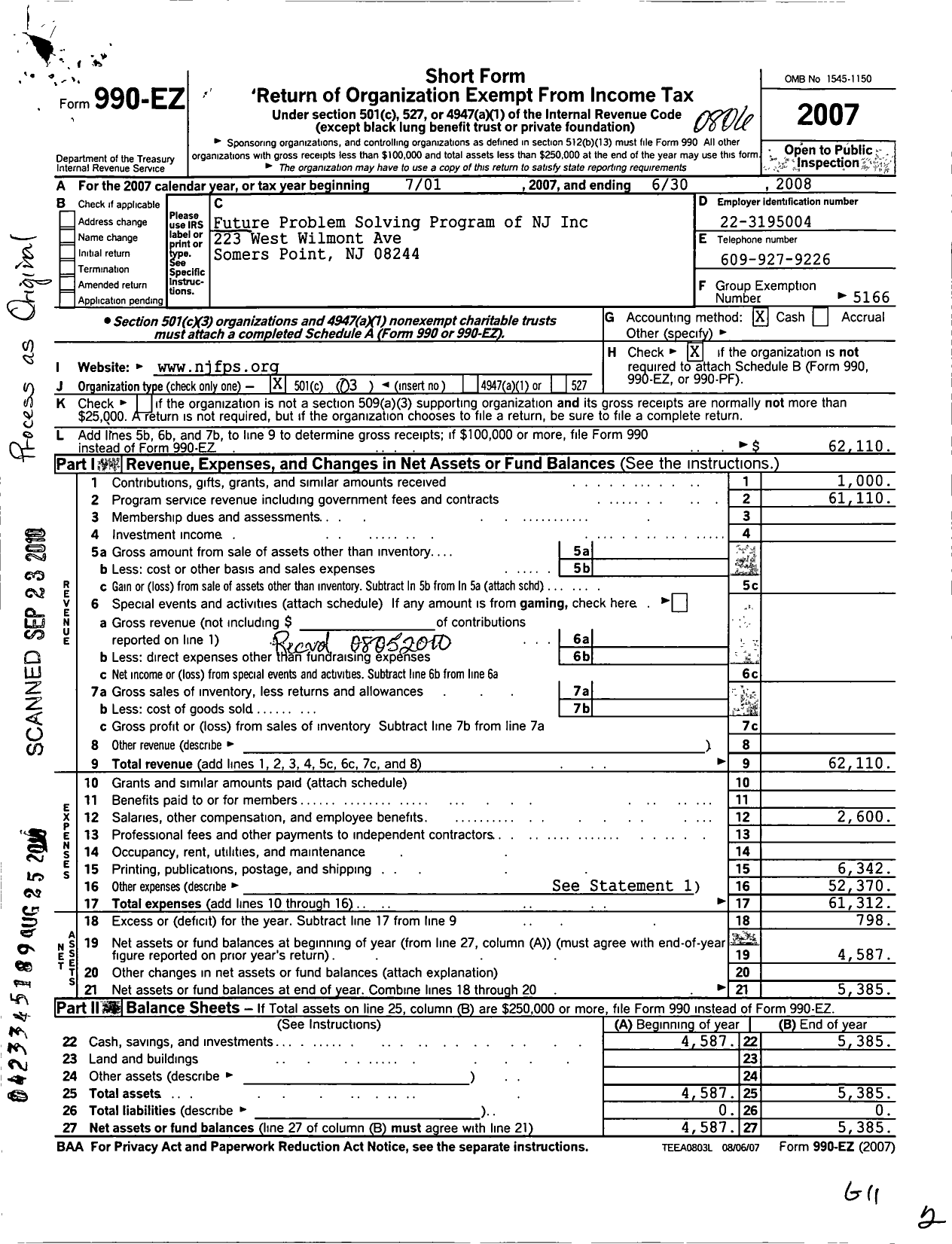 Image of first page of 2007 Form 990EZ for Future Problem Solving Program International / Future Problem Solving Program of N