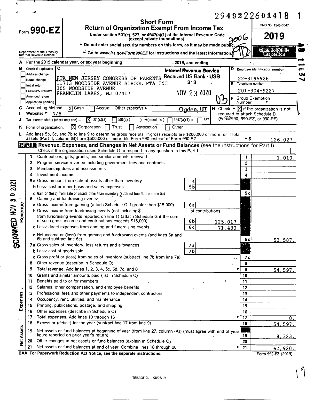 Image of first page of 2019 Form 990EZ for New Jersey PTA - 11713 Woodside Ave School PTA