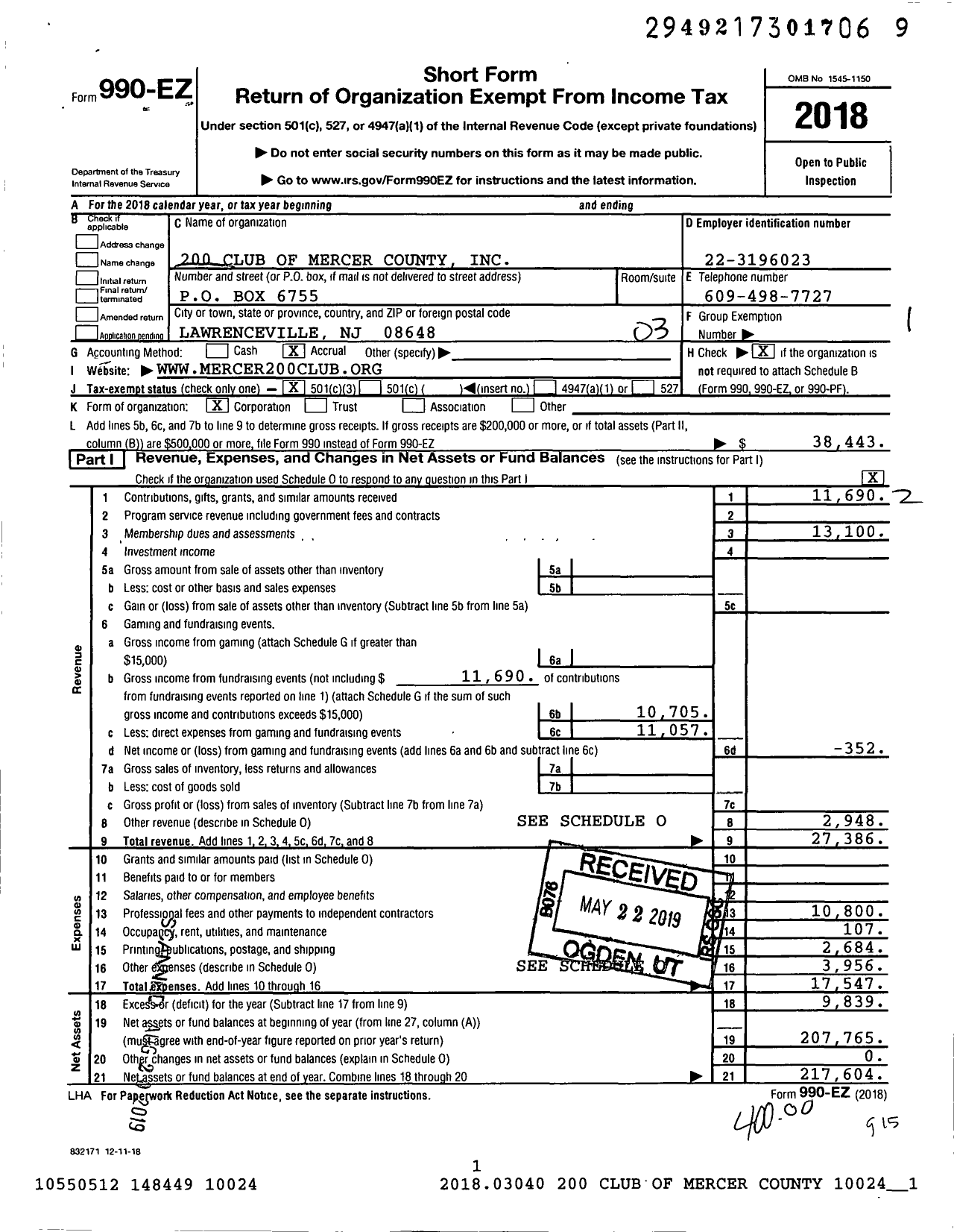 Image of first page of 2018 Form 990EZ for 200 Club of Mercer County