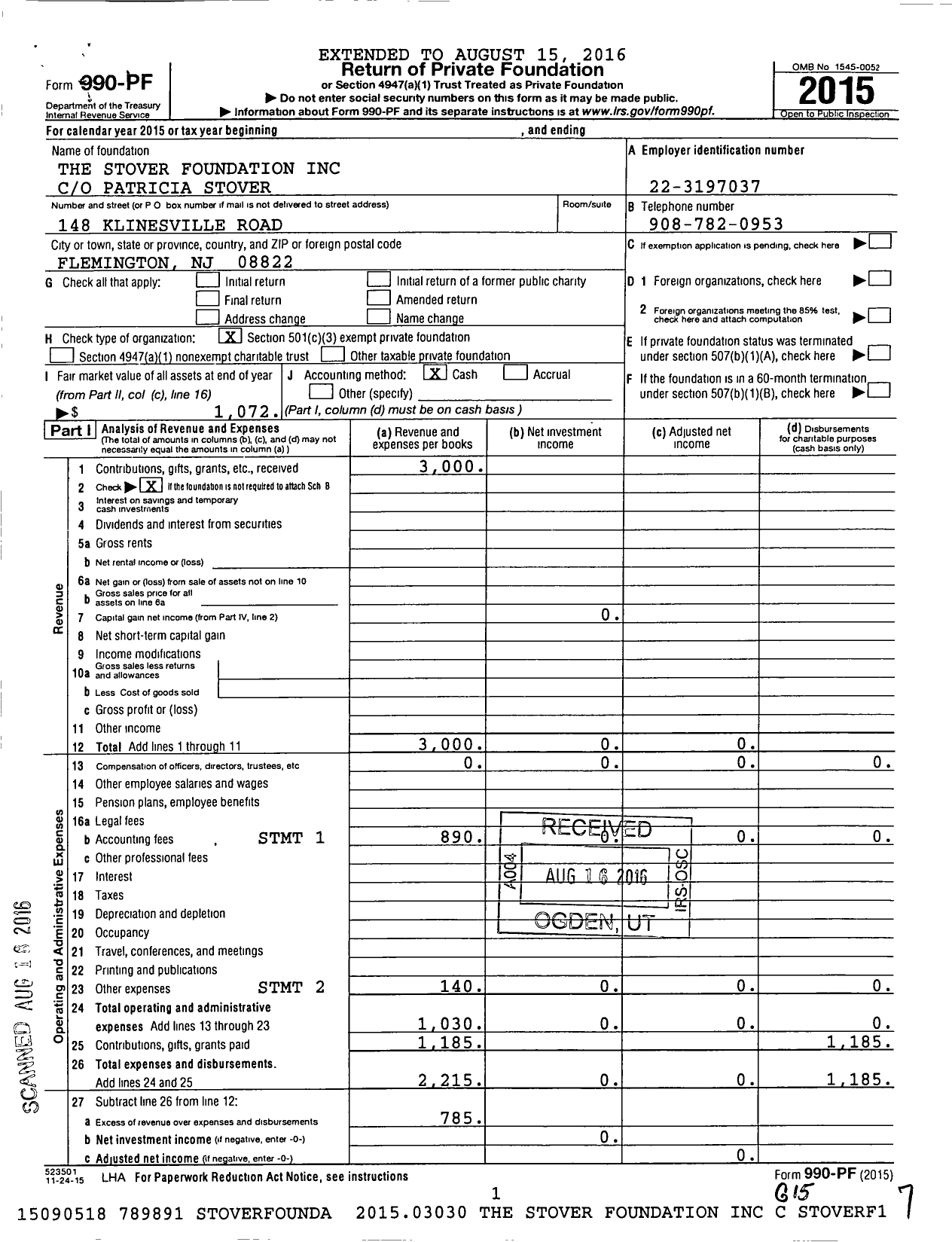 Image of first page of 2015 Form 990PF for Stover Foundation