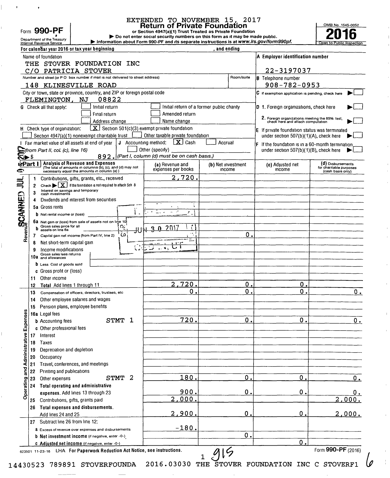Image of first page of 2016 Form 990PF for Stover Foundation