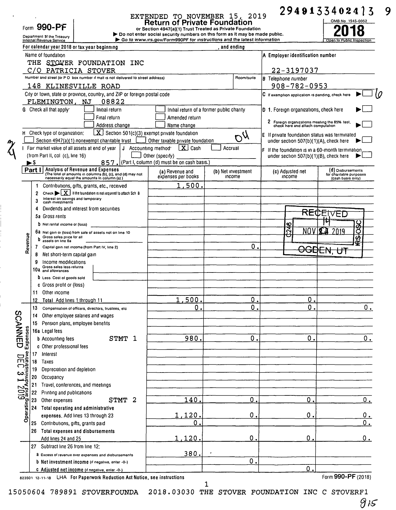 Image of first page of 2018 Form 990PF for Stover Foundation