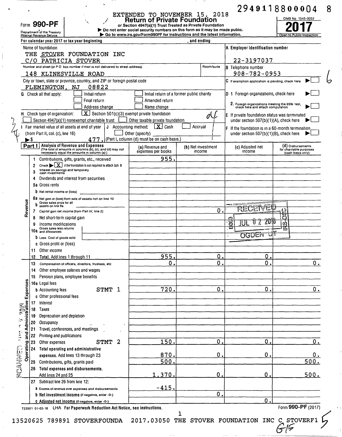 Image of first page of 2017 Form 990PF for Stover Foundation