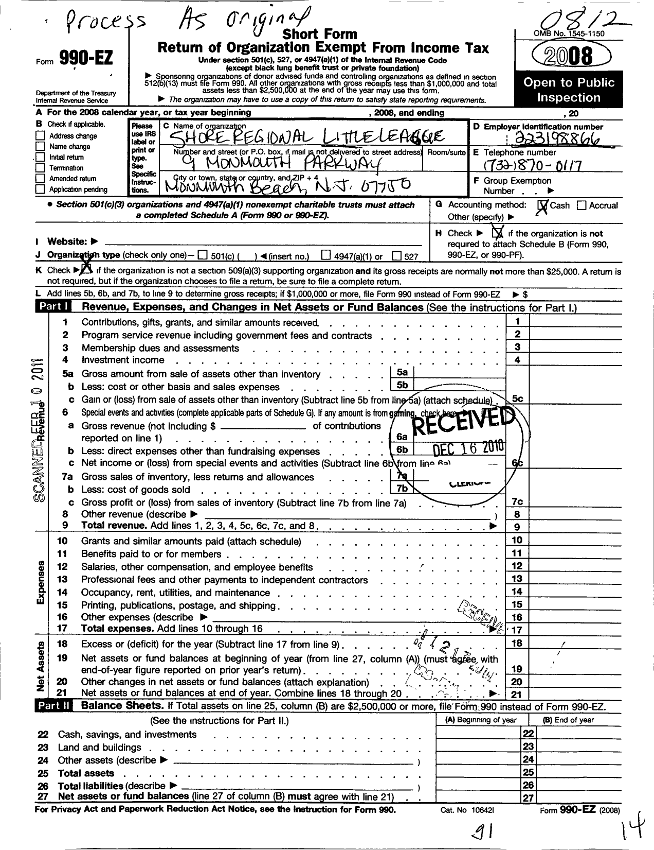 Image of first page of 2008 Form 990EO for Little League Baseball - 2301915 Shore Regional LL