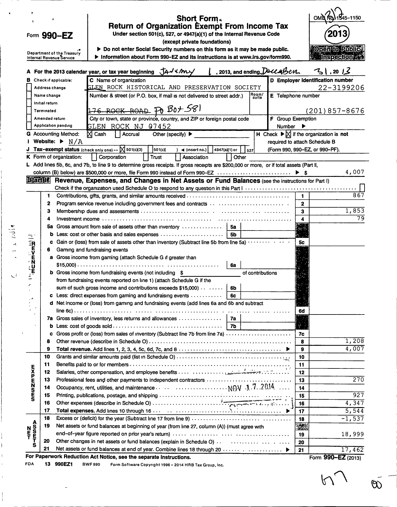 Image of first page of 2013 Form 990EZ for Glen Rock Historical and Preservation Society