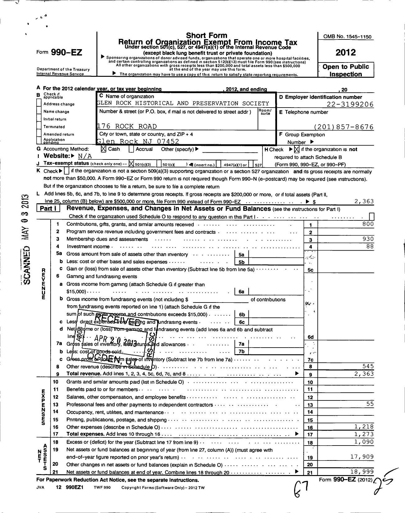 Image of first page of 2012 Form 990EZ for Glen Rock Historical and Preservation Society