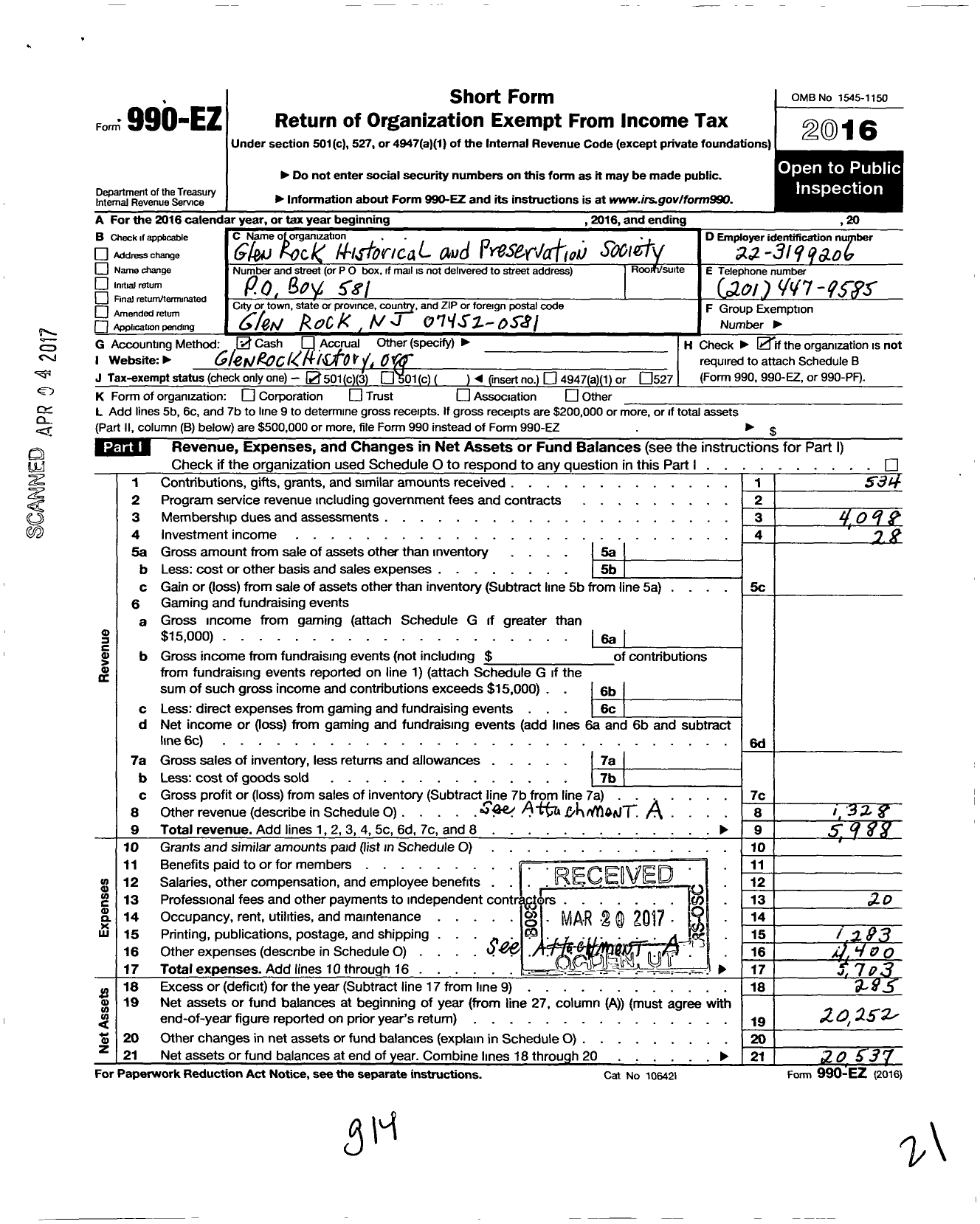 Image of first page of 2016 Form 990EZ for Glen Rock Historical and Preservation Society