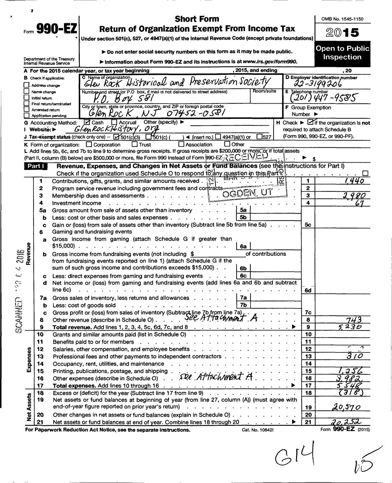 Image of first page of 2015 Form 990EZ for Glen Rock Historical and Preservation Society