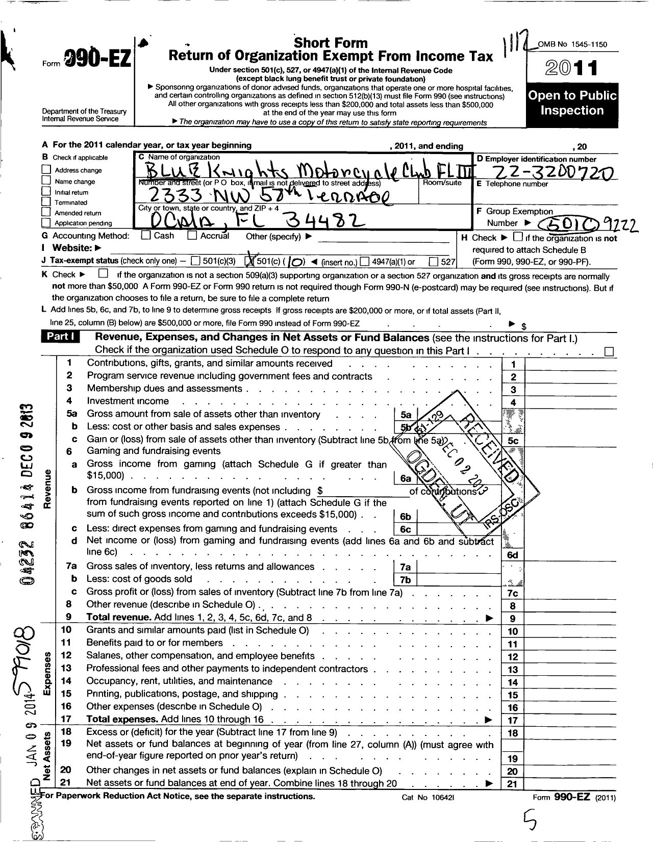 Image of first page of 2011 Form 990EO for Blue Knights Motorcycle Club / FL Iii