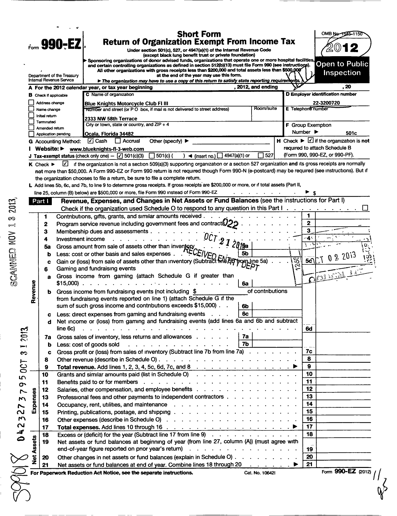 Image of first page of 2012 Form 990EZ for Blue Knights Motorcycle Club / FL Iii