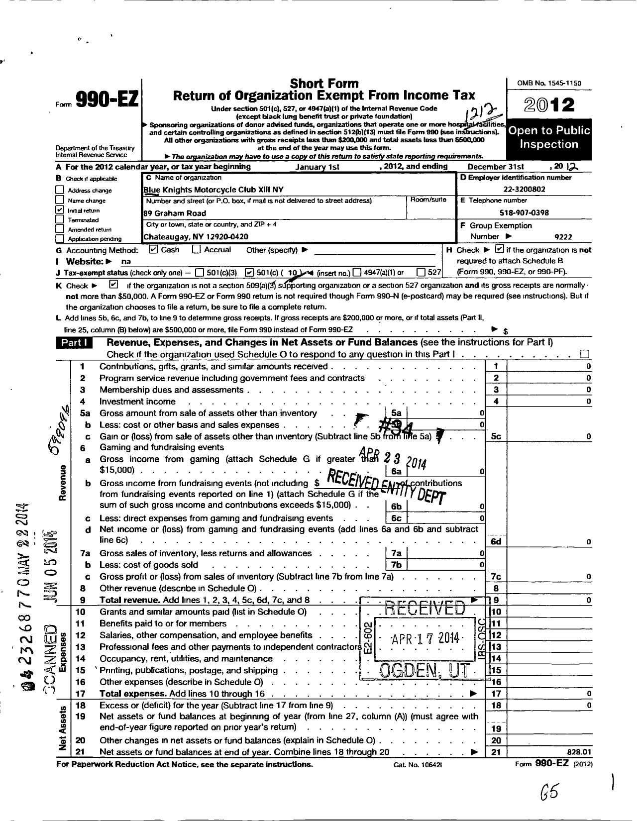 Image of first page of 2012 Form 990EO for Blue Knights Motorcycle Club / Xiii Ny