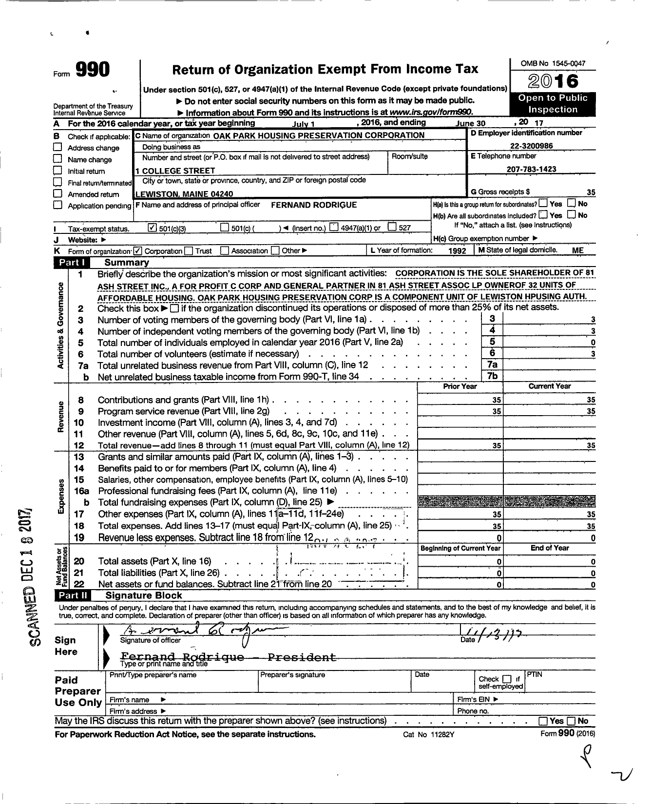 Image of first page of 2016 Form 990 for Oak Park Housing Preservation Corporation