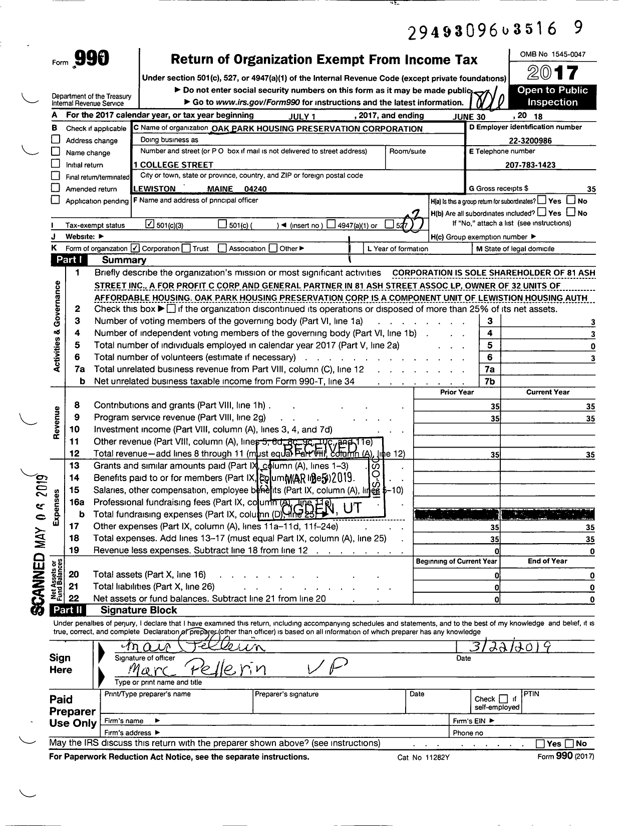 Image of first page of 2017 Form 990 for Oak Park Housing Preservation Corporation