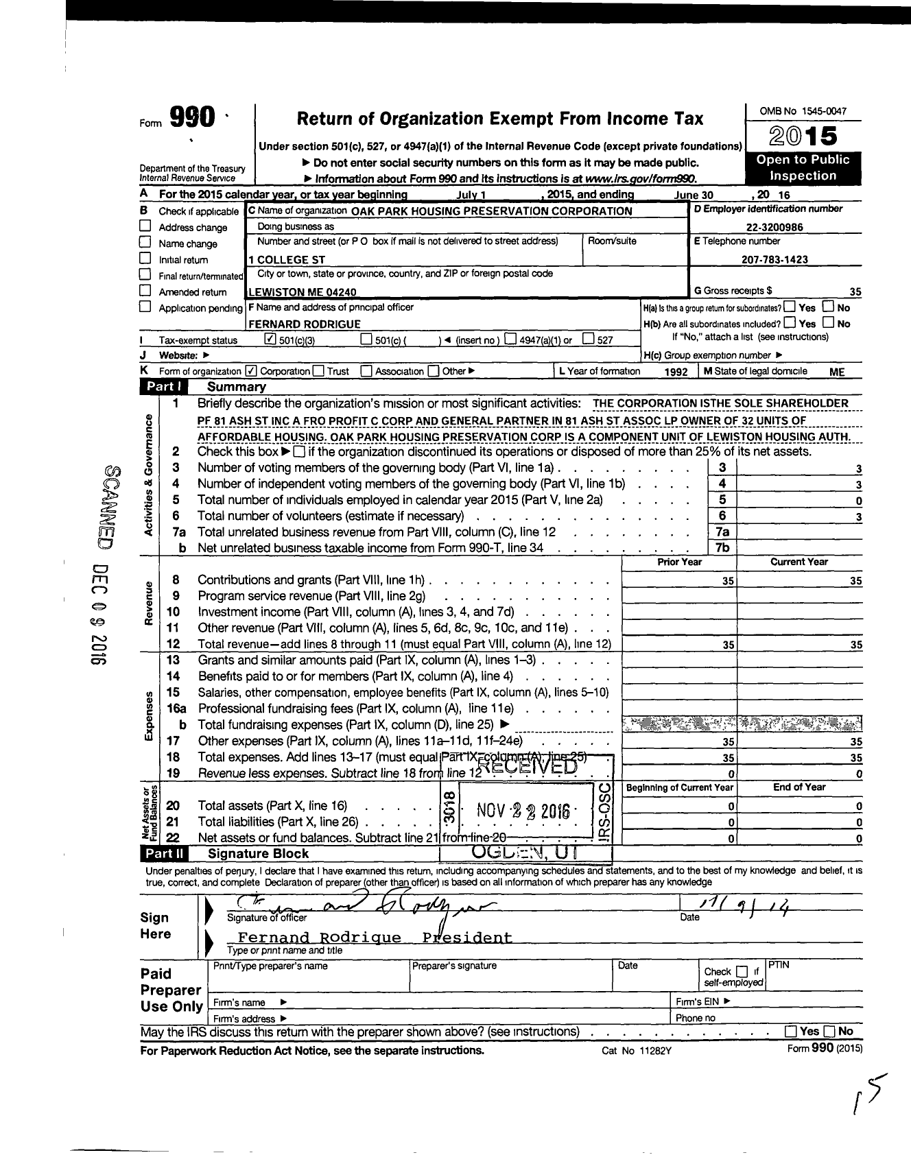 Image of first page of 2015 Form 990 for Oak Park Housing Preservation Corporation