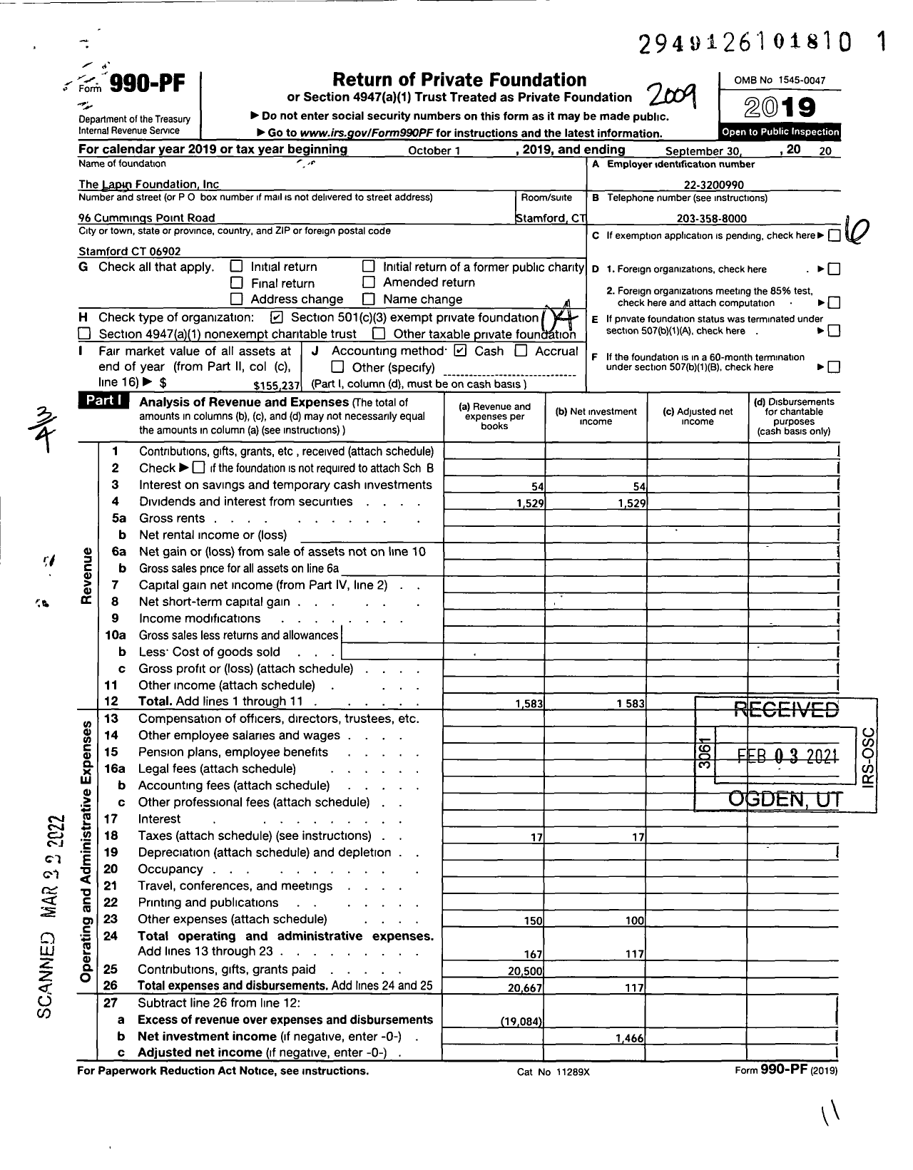 Image of first page of 2019 Form 990PF for The Lapin Foundation