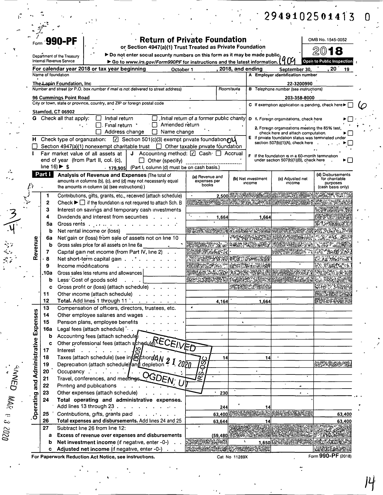 Image of first page of 2018 Form 990PR for The Lapin Foundation