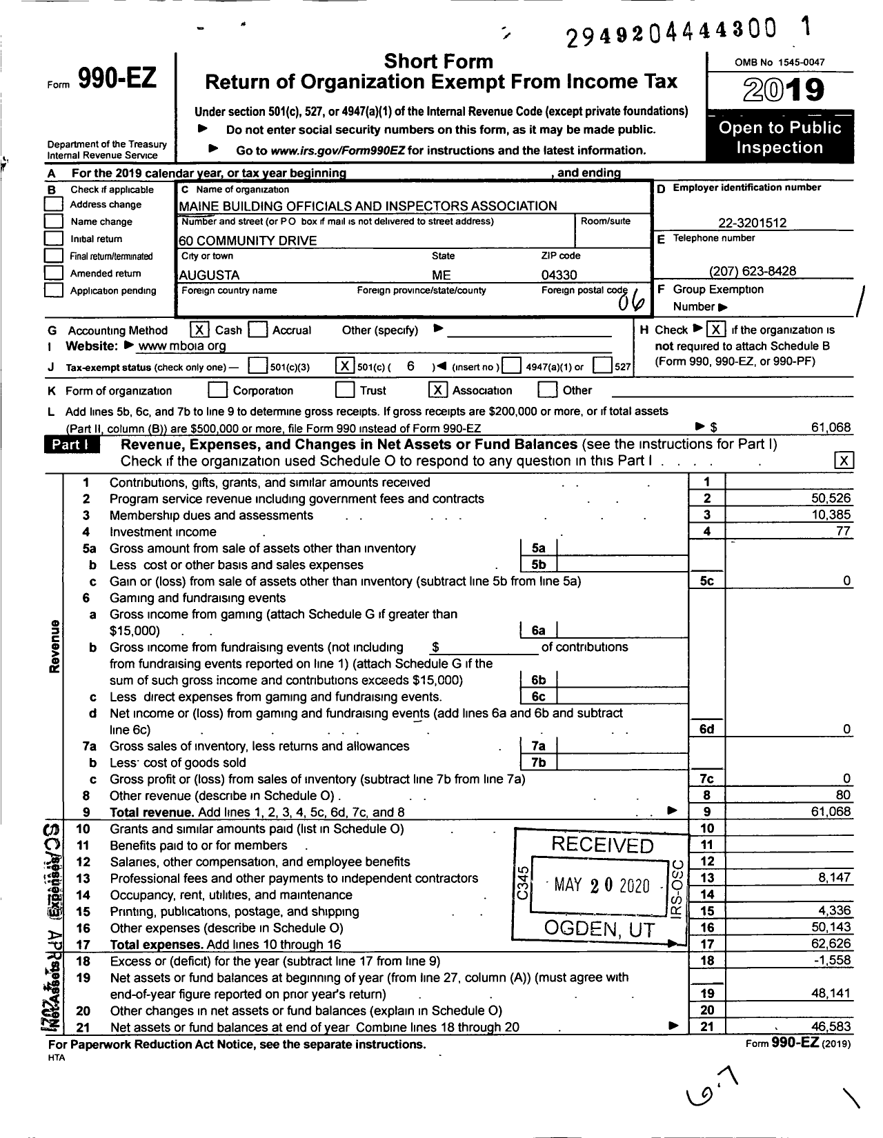 Image of first page of 2019 Form 990EO for Maine Building Officials and Inspectors Association