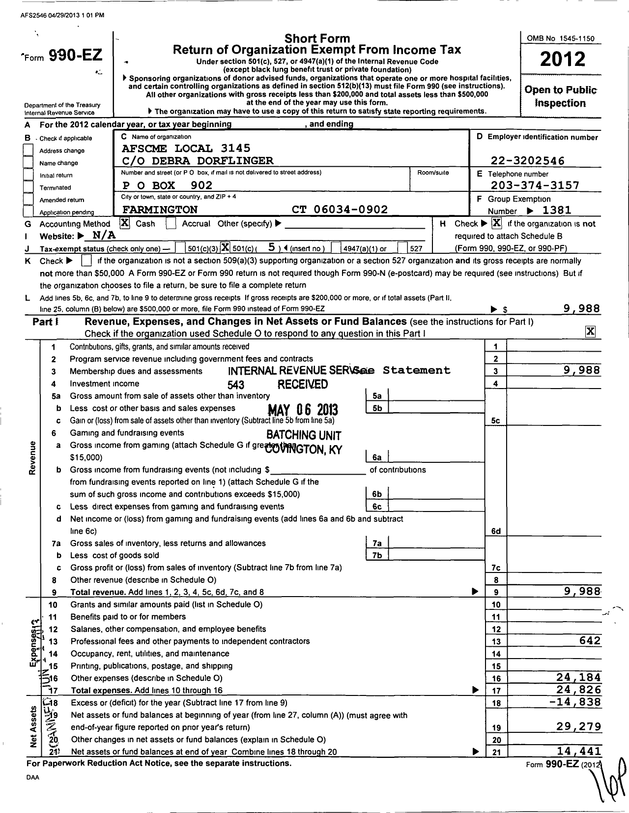 Image of first page of 2012 Form 990EO for American Federation of State County & Municipal Employees - L3145CT Hartford CHPTR Amer Red Cro