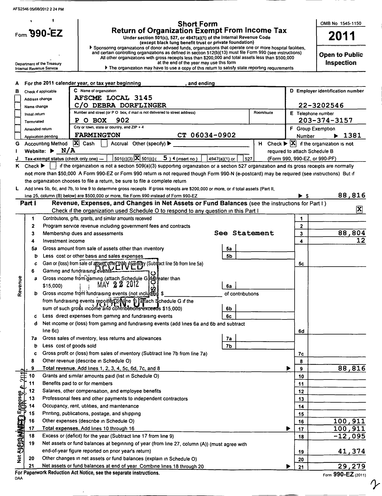 Image of first page of 2011 Form 990EO for American Federation of State County & Municipal Employees - L3145CT Hartford CHPTR Amer Red Cro