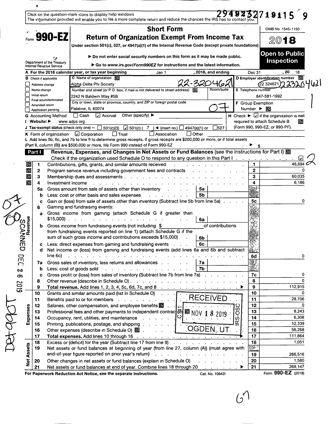 Image of first page of 2018 Form 990EO for Alpha Delta Phi Society