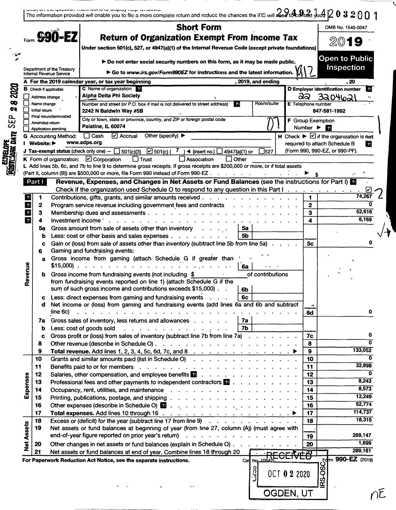 Image of first page of 2019 Form 990EO for Alpha Delta Phi Society