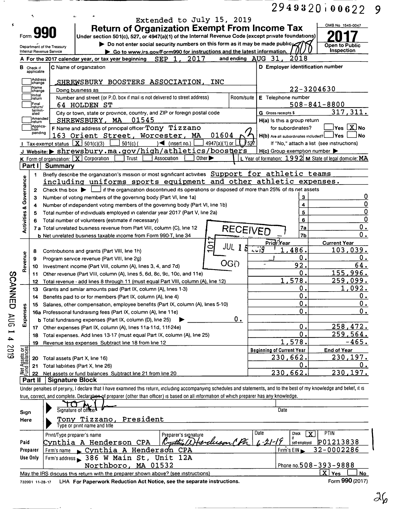 Image of first page of 2017 Form 990 for Shrewsbury Boosters Association