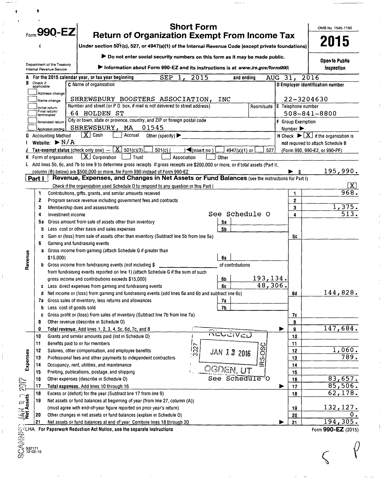 Image of first page of 2015 Form 990EZ for Shrewsbury Boosters Association