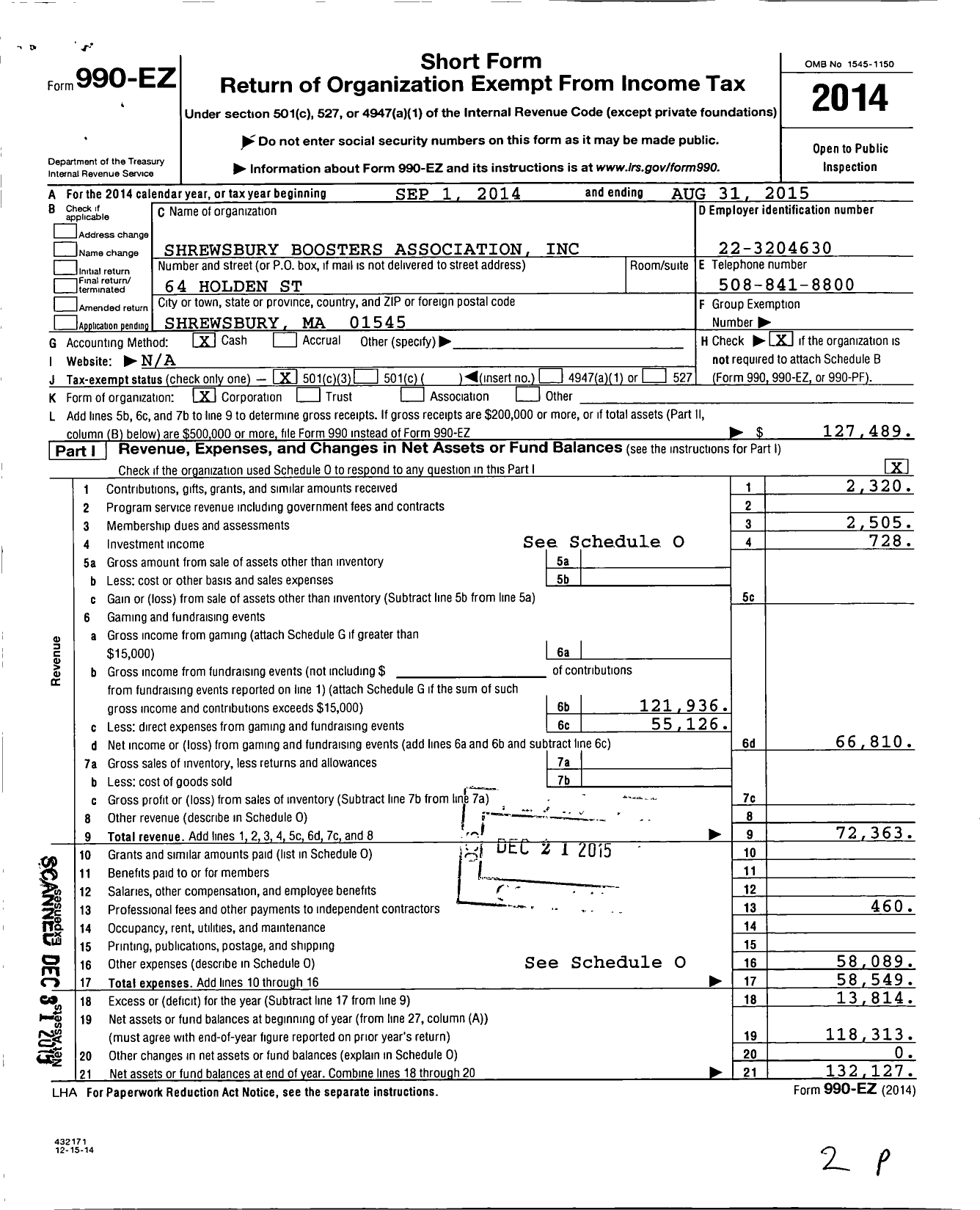 Image of first page of 2014 Form 990EZ for Shrewsbury Boosters Association