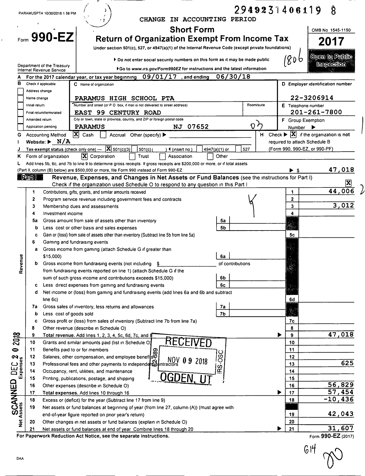 Image of first page of 2017 Form 990EZ for New Jersey PTA - 8482 Paramus PTA