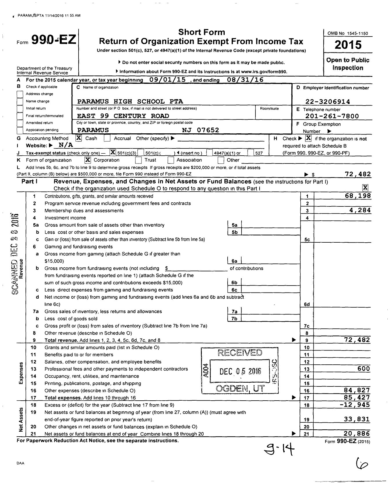 Image of first page of 2015 Form 990EZ for New Jersey PTA - 8482 Paramus PTA