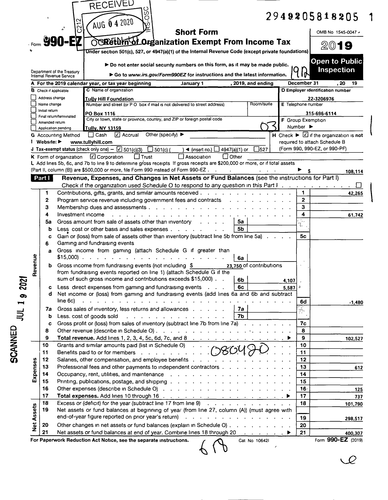 Image of first page of 2019 Form 990EZ for Tully Hill Foundation