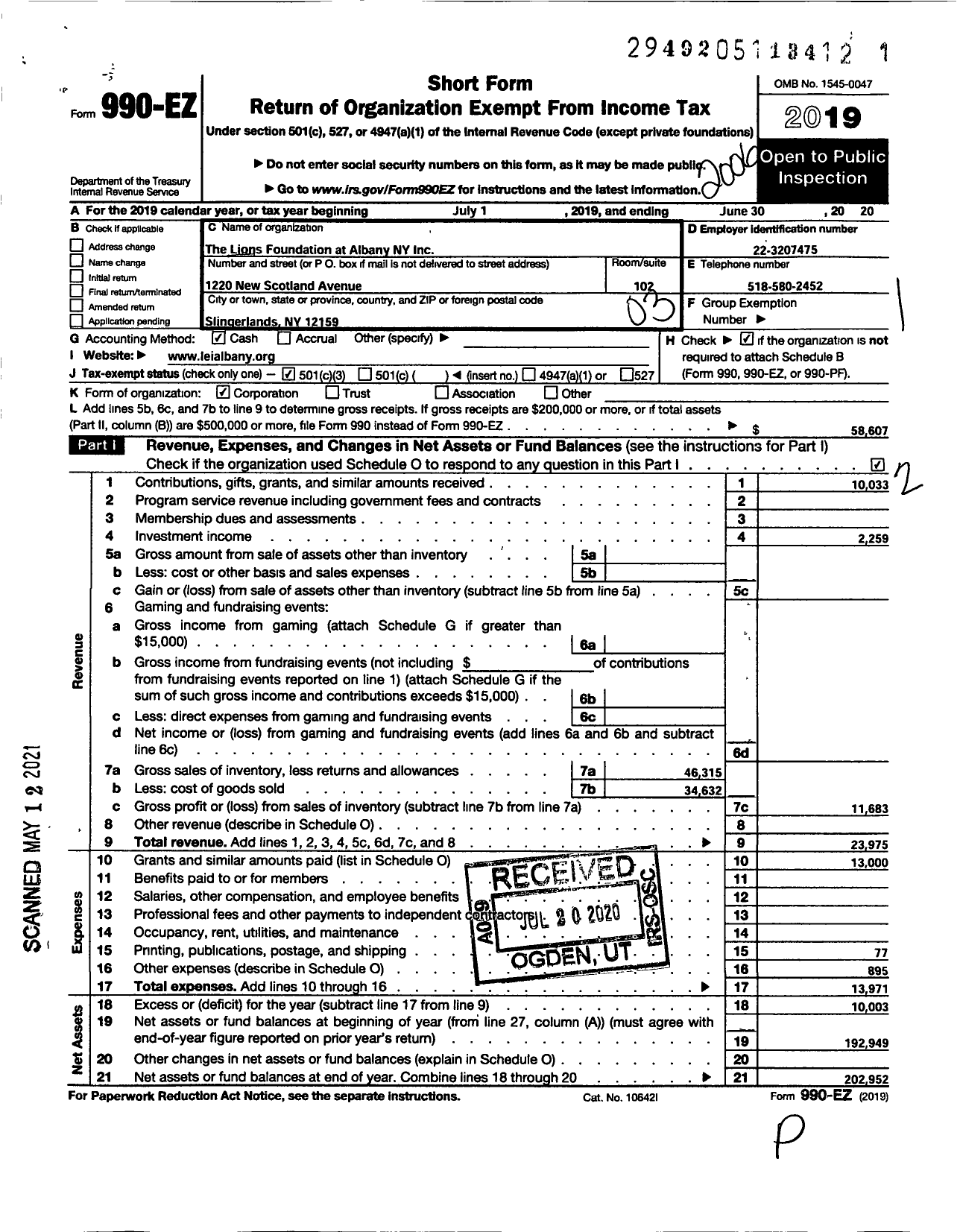 Image of first page of 2019 Form 990EZ for Lions Foundation At Albany New York