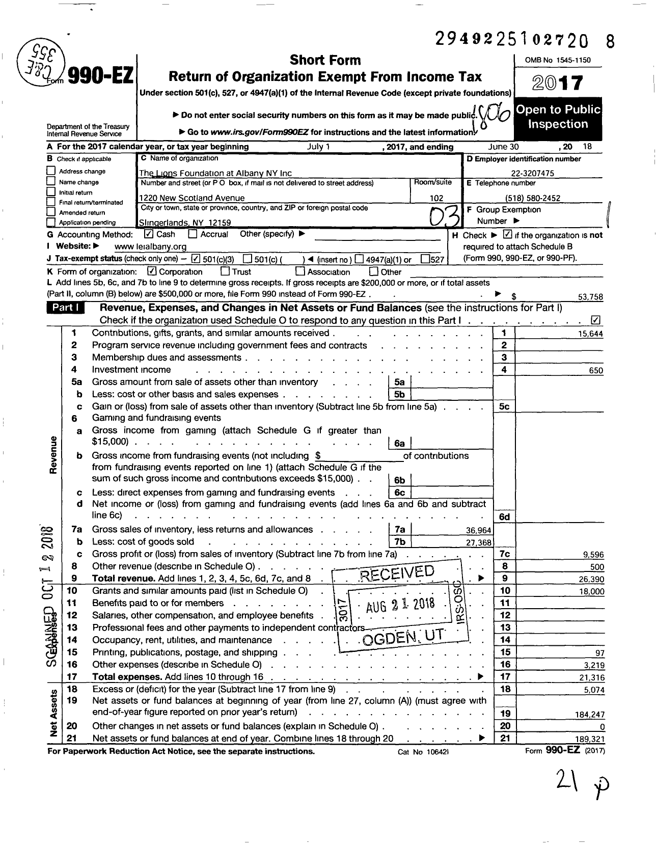 Image of first page of 2017 Form 990EZ for Lions Foundation At Albany New York