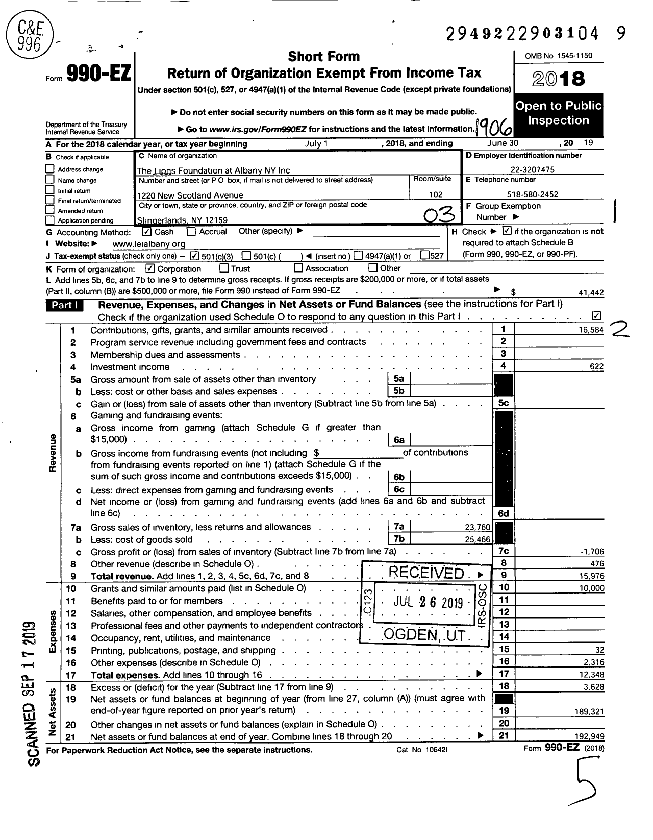 Image of first page of 2018 Form 990EZ for Lions Foundation At Albany New York