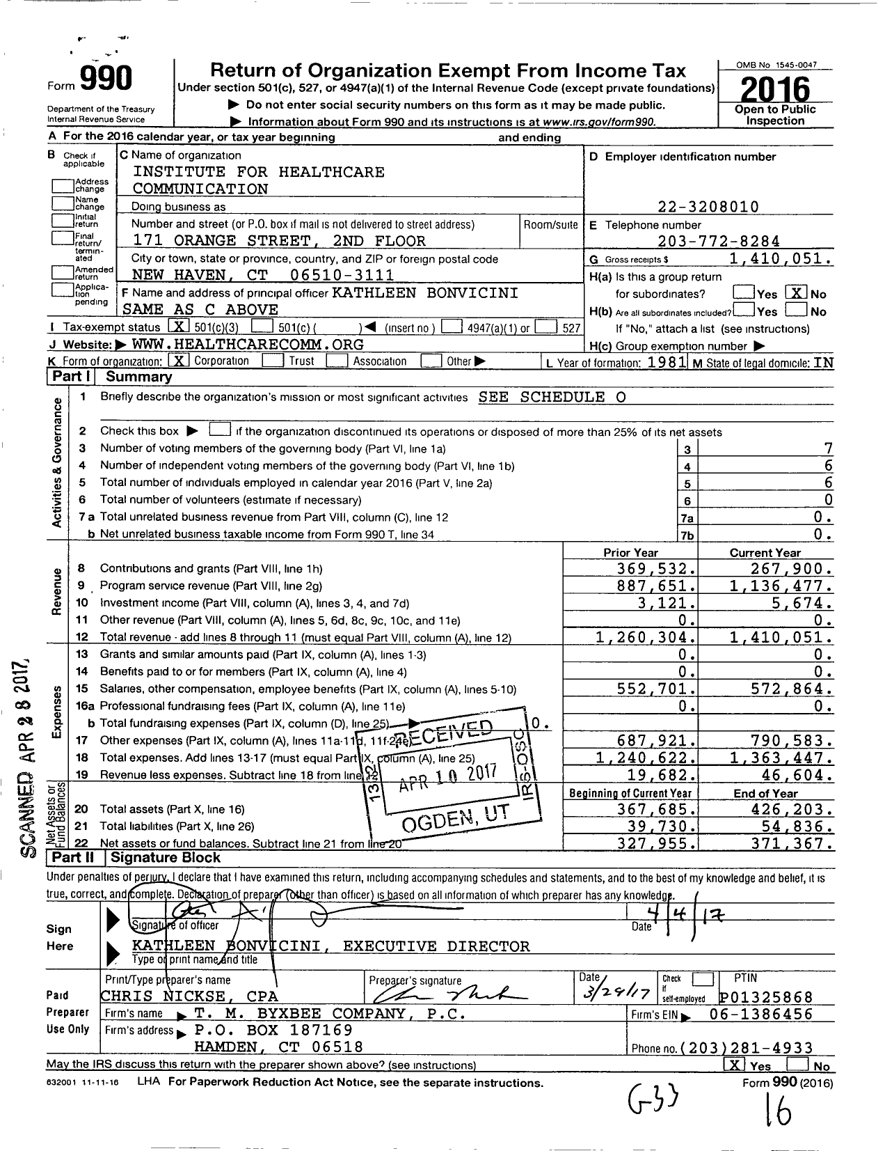 Image of first page of 2016 Form 990 for Institute for Healthcare Communication (IHC)