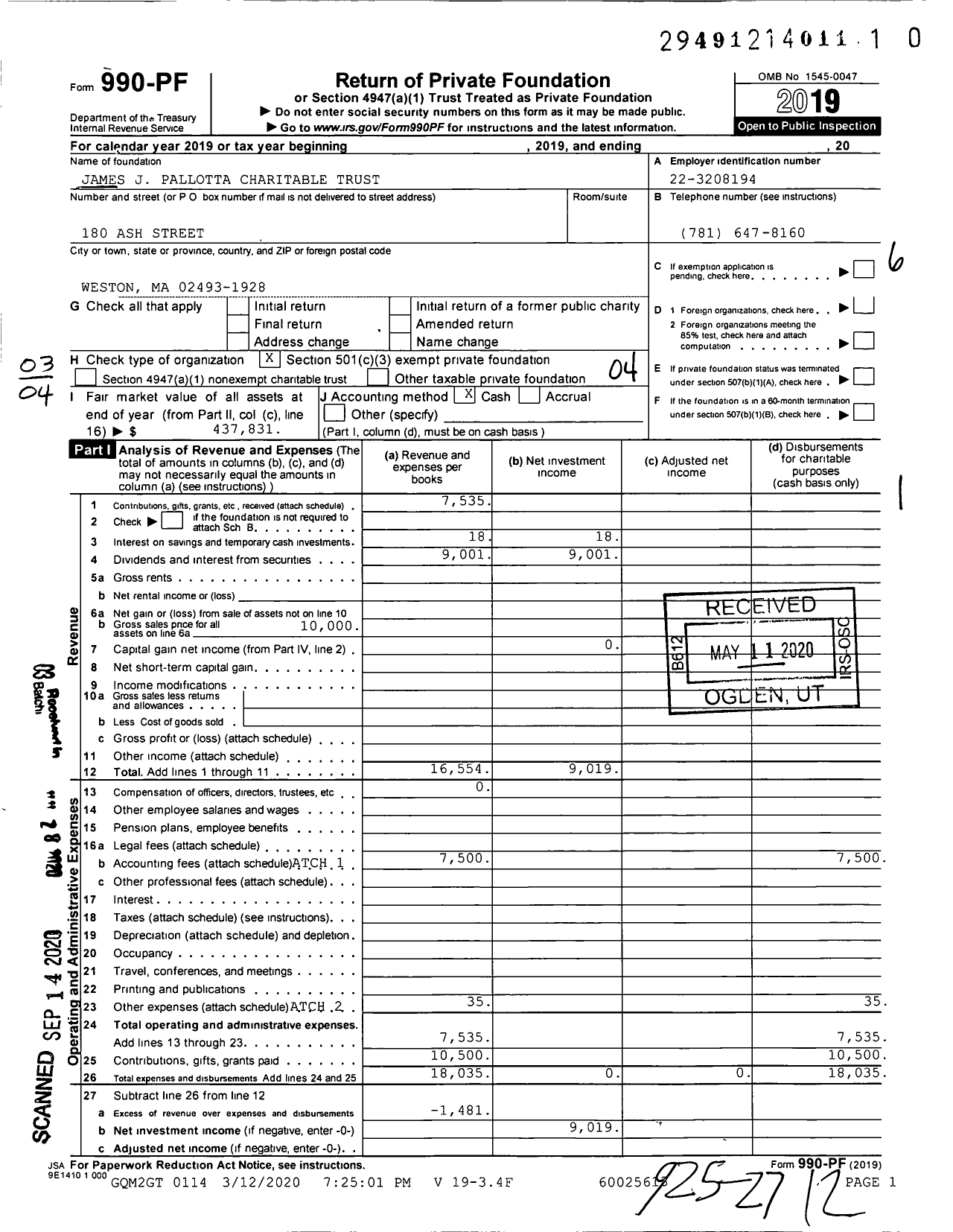 Image of first page of 2019 Form 990PR for James J Pallotta Charitable Trust