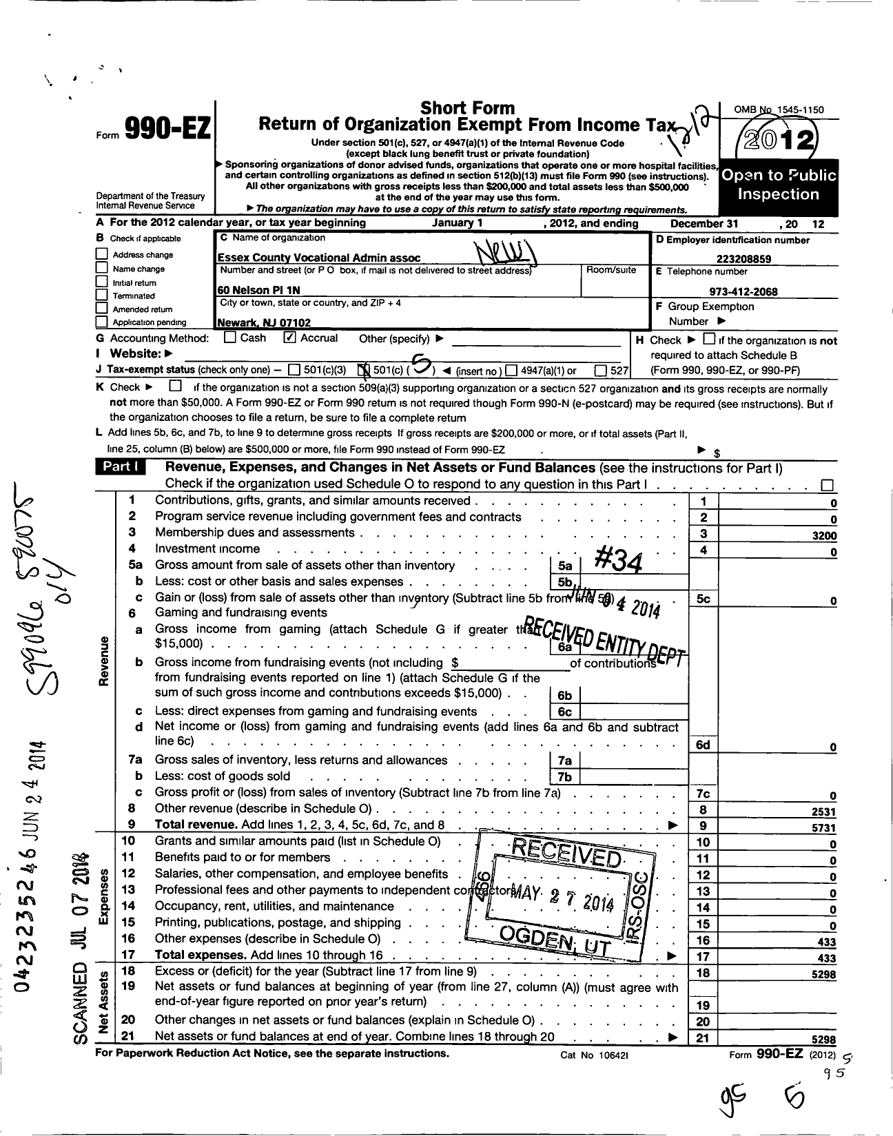 Image of first page of 2012 Form 990EO for New Jersey Education Association - Ess Co Voc Administrators Assn