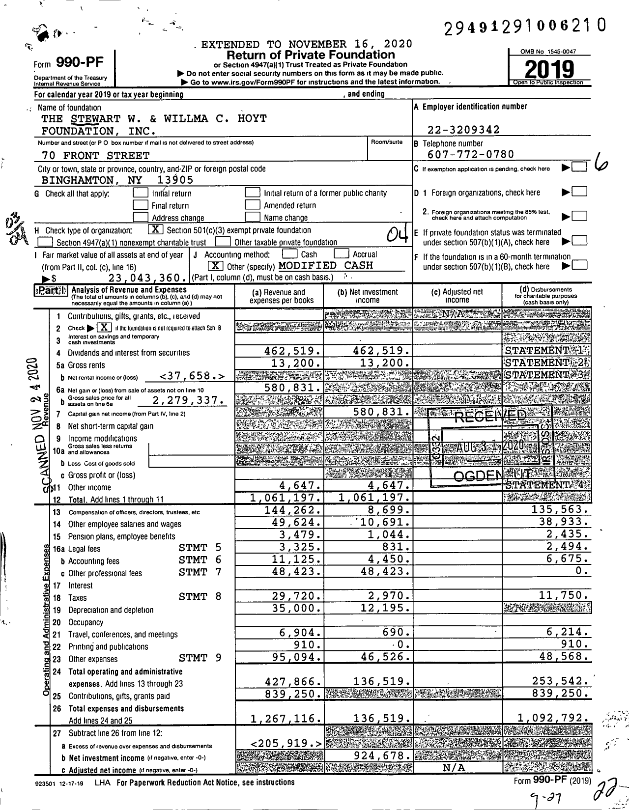 Image of first page of 2019 Form 990PF for The Stewart W and Willma C Hoyt Foundation