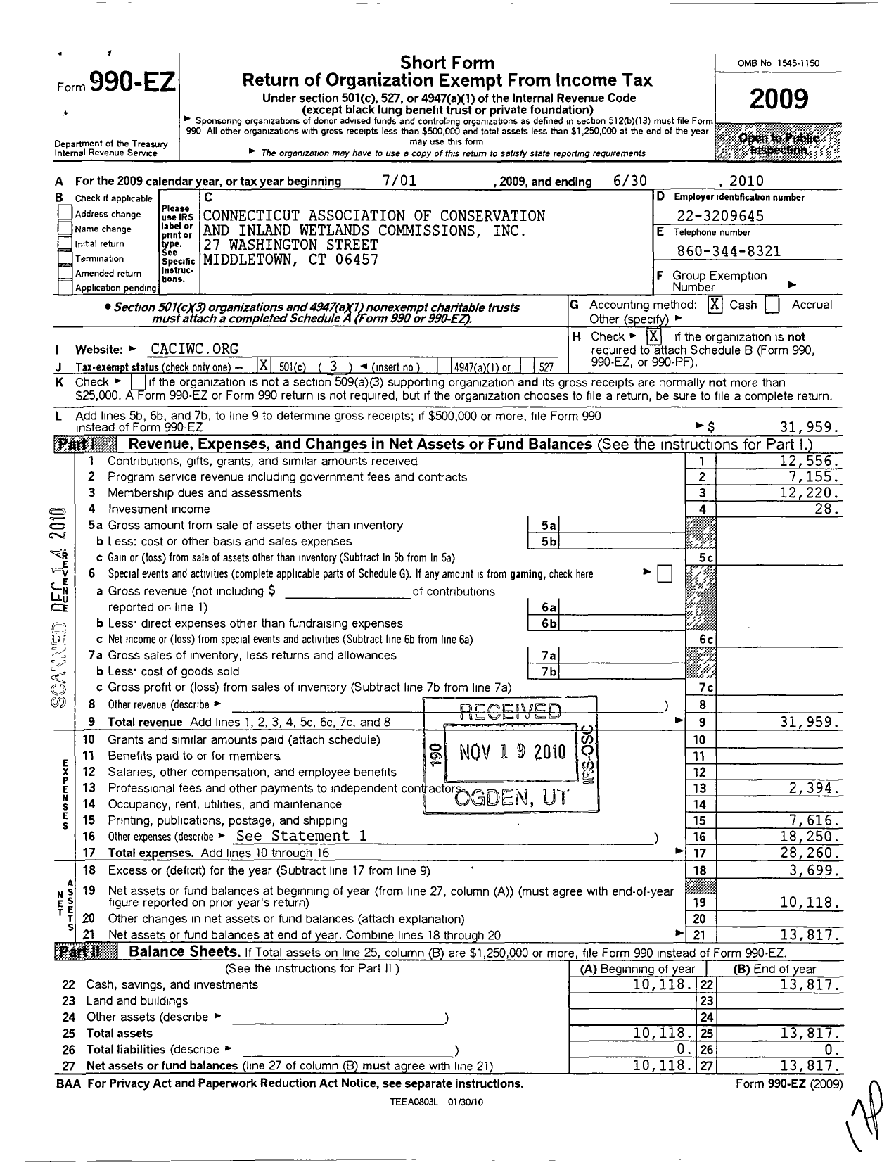 Image of first page of 2009 Form 990EZ for Connecticut Association of Conservation and Inland Wetlands