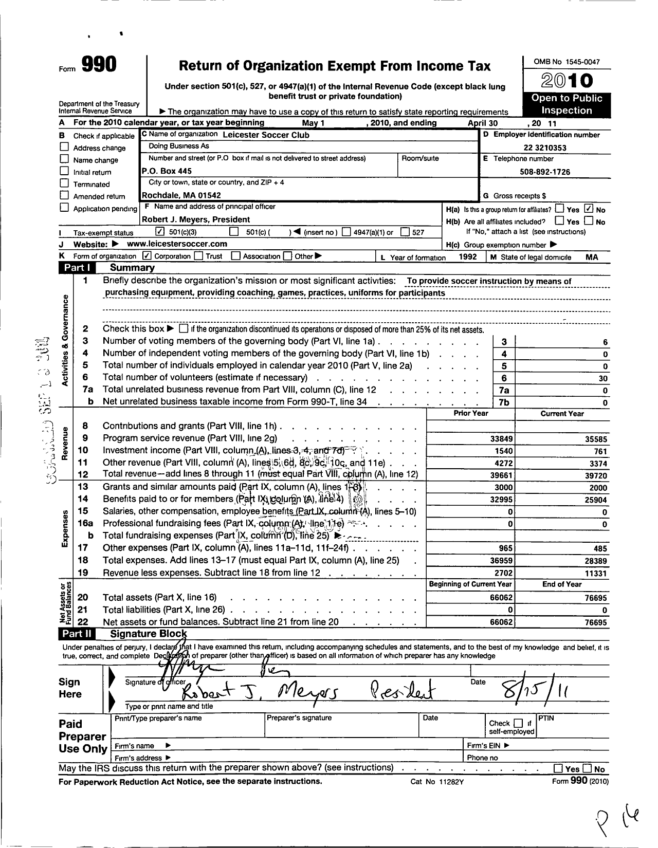 Image of first page of 2010 Form 990 for Leicester Soccer Club