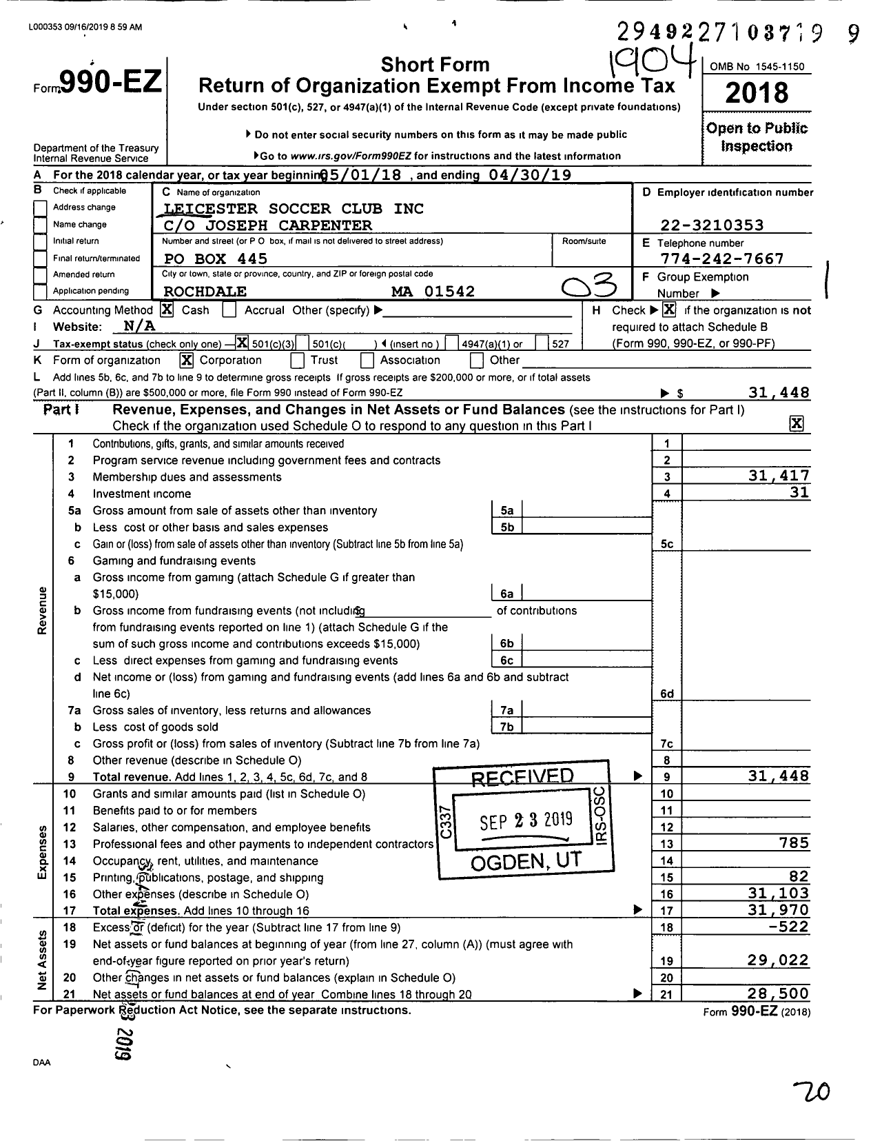 Image of first page of 2018 Form 990EZ for Leicester Soccer Club