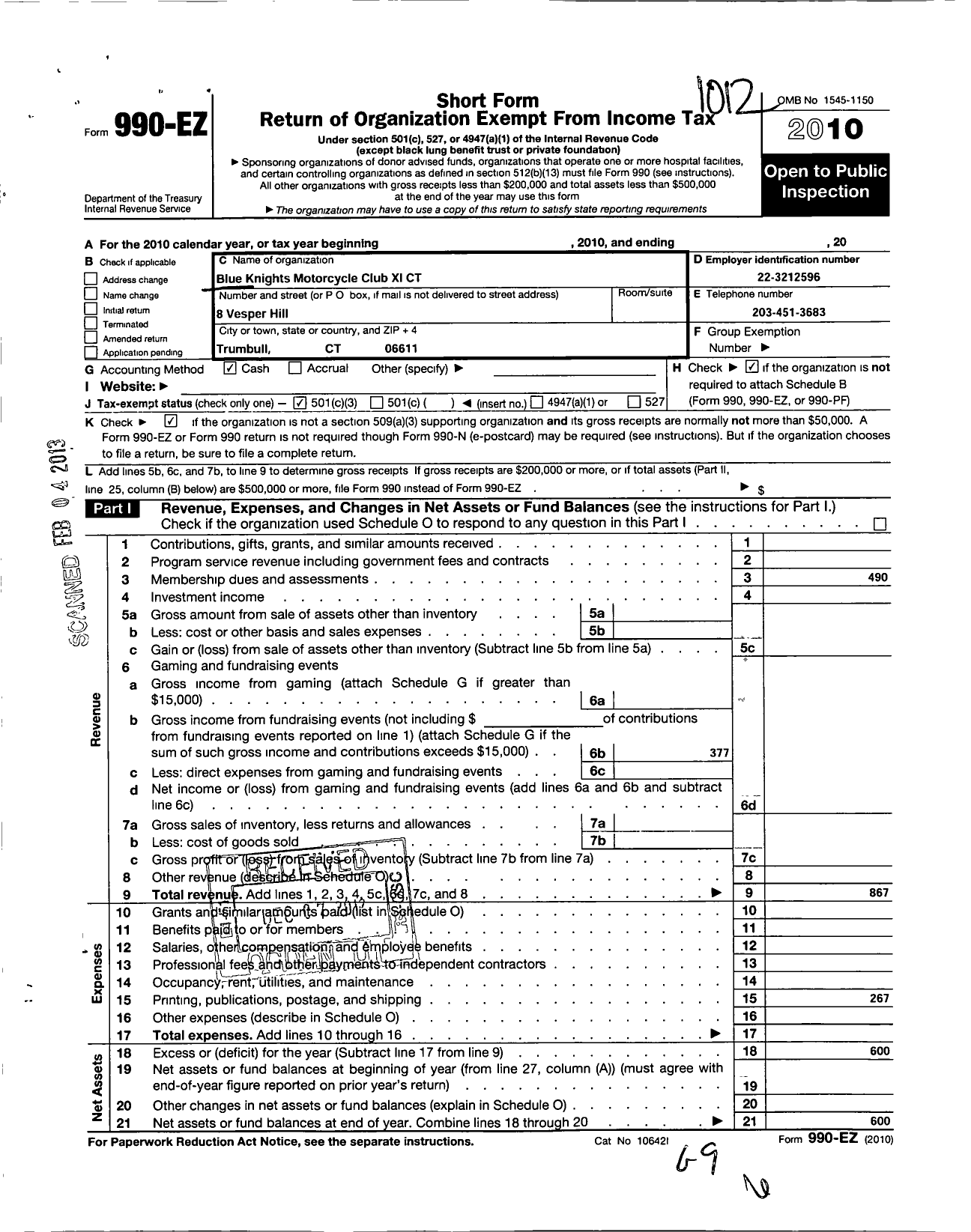 Image of first page of 2010 Form 990EZ for Blue Knights Motorcycle Club / Xi CT