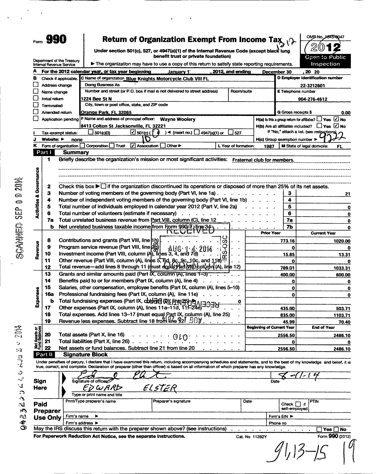 Image of first page of 2012 Form 990O for Blue Knights Motorcycle Club / Viii FL