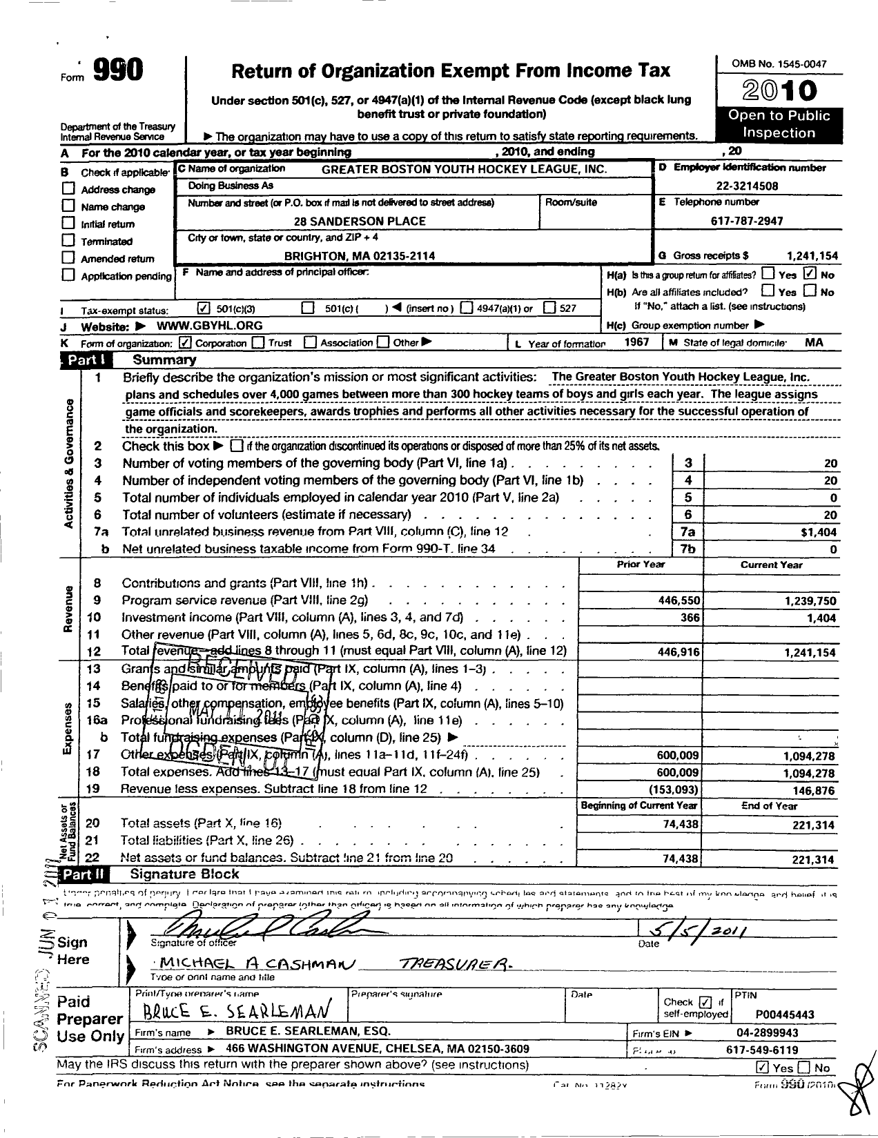 Image of first page of 2010 Form 990 for Greater Boston Youth Hockey League