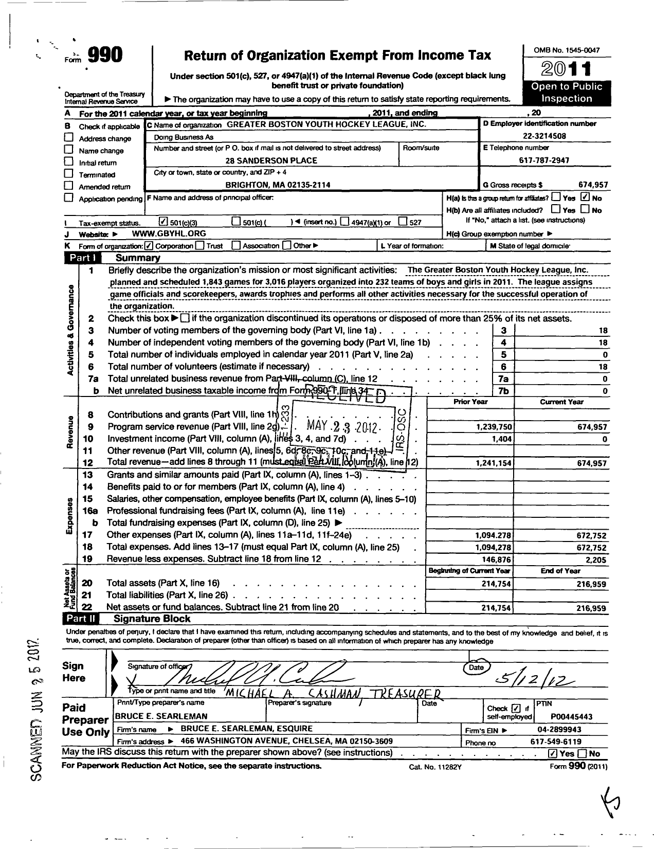 Image of first page of 2011 Form 990 for Greater Boston Youth Hockey League